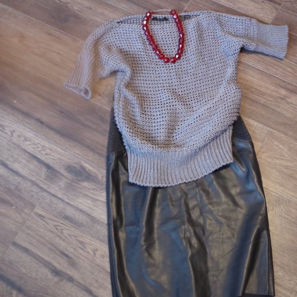 Gray Knit Sprit Sweater& Faux Leather Skirt - Picture 5 of 15
